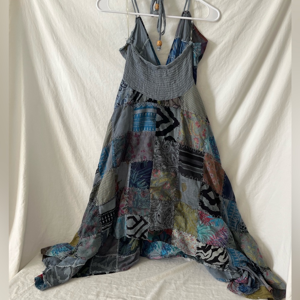 Kantha boho hippie colorful patchwork Asymmetrical handkerchief hem dress OSFM - Picture 3 of 12